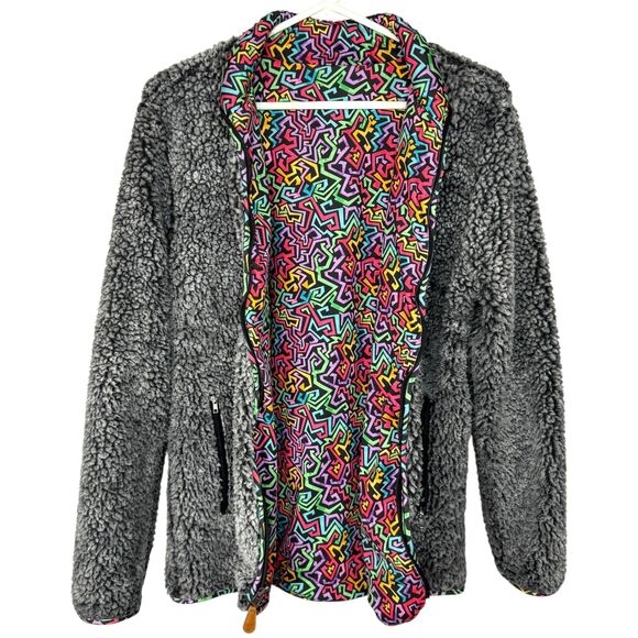 USA Palm Reversible sherpa & colorful funky art pattern jacket 90s style Size XS - Picture 2 of 15